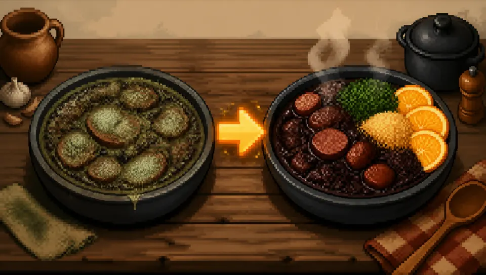 pixel art: prato requentado de um lado, feijoada caprichada do outro