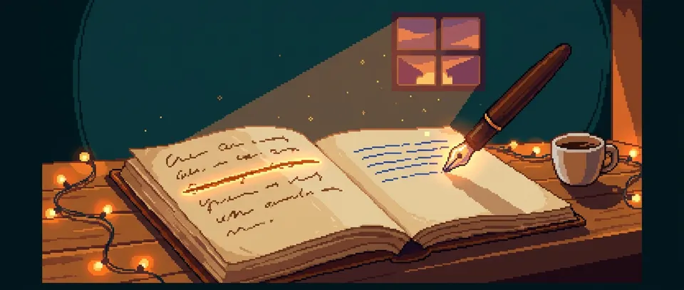 pixel art: caderno aberto à noite com uma linha riscada ainda legível e café ao lado