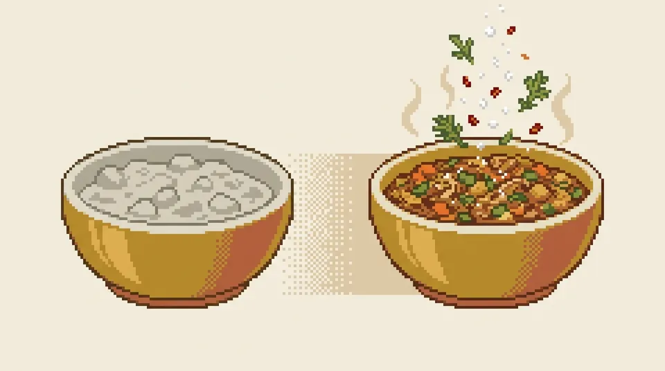 pixel art: tigela sem graça de um lado, refogado com tempero fresco do outro
